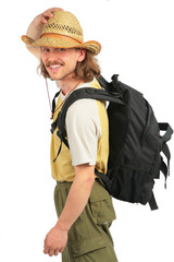 Traveller with backpack in straw hat