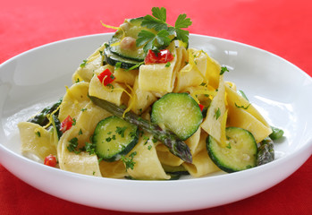 Fresh pappardelle with zucchini, asparagus, peppers