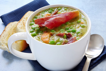 Pea and ham soup with crusty toasted bread.