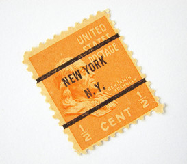 US postage stamp with N.Y. postmark on white bakground