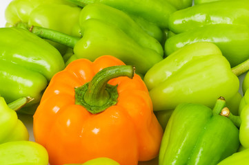 Stand out from crowd concept with green and orange pepper