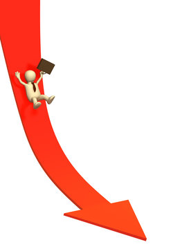 3d businessman -  puppet, sliding downwards on an arrow