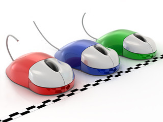 three computer mouses on white background