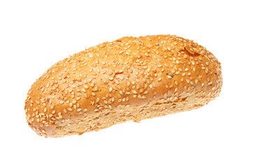 Sesame seeded torpedo bread roll isolated on white