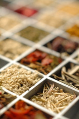 Set of the easten spices lying in a wooden box