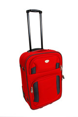 isolated red suitcase trolley on white background
