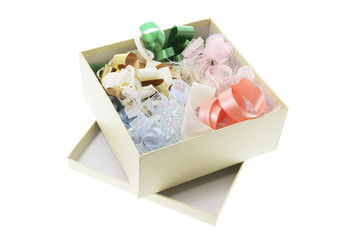 Box of Gift Bows and Ribbons on White Background