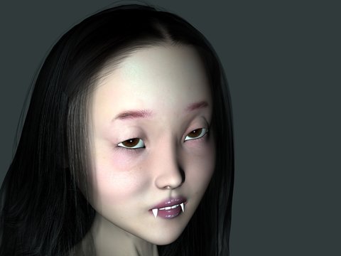 An 3D rendered vampire girl with fangs.