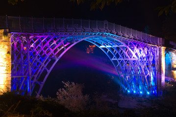 Abraham Derby's historic Ironbridge lit up at night