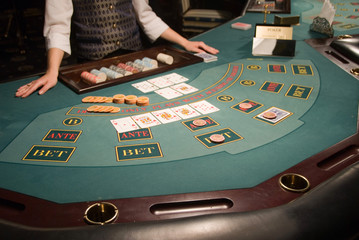 close-up view of a poker playing table in casino