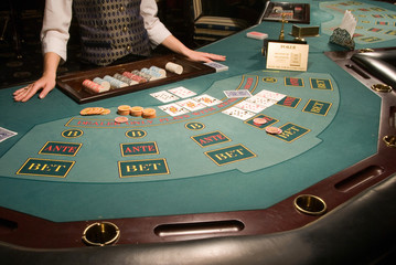 close-up view of a poker playing table in casino