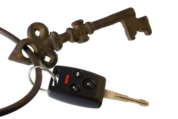 car key with remote control and heavy, vintage skeleton key