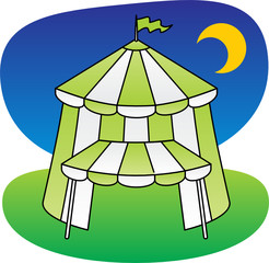 Green and white circus tent under a night sky