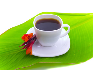 Cup of coffee and red flower on green sheet