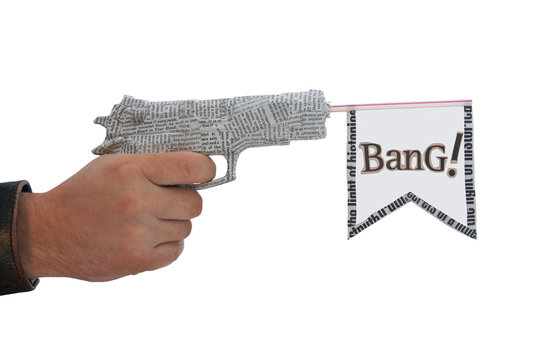 hand with fire  newspaper pistol and flag on white. bang fake .