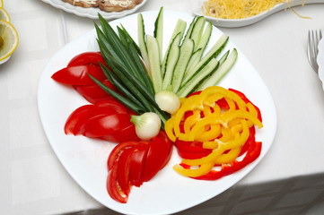 Sliced cucumbers paprica and tomatos in salad