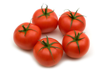 five tomatoes on white background
