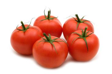 five tomatoes on white background