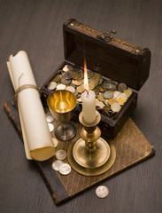 Still life of vintage objects with candle