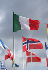 european flags in the wind and sun with gray sky