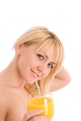 Obraz na płótnie Canvas Attractive girl drinking fresh orange juice and smile