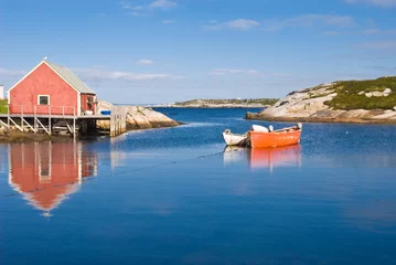 Abwaschbare Fototapete Fisherman's house and boats in a bay. Peggy's cove, Canada. © Demid