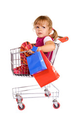 Little girl in shopping cart tired and upset - isolated