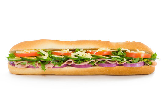 Fresh Ham & Cheese Salad Baguette On White Background