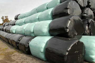 Circular Bales of Hay wrapped in blue and black colored Plastic