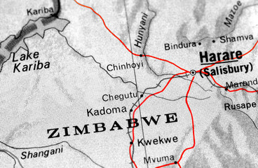 close-up map detail of Zimbabwe