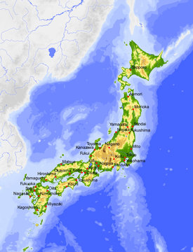 Japan. Physical vector map, colored for elevation.