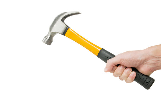 Hand holding hammer isolated on white