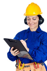 Lady construction worker a over white background with notepad