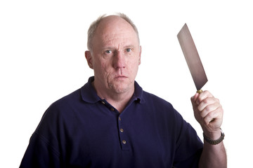 A mean old bald guy threatening with a kitchen cleaver