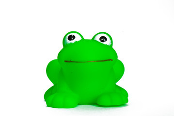 green rubber toy frog for bathing on a white background