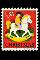 Child on Hobby Horse and Christmas Tree Stamp