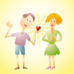 Young man that give his heart to a young woman