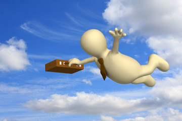 Puppet - businessman flying on a background of clouds