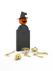 Halloween. Orange pumpkin with black hat on the grave.