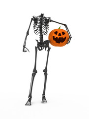 Halloween. Black skeleton with orange pumpkin.