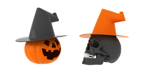 Halloween. Orange pumpkin and black skull with hats.