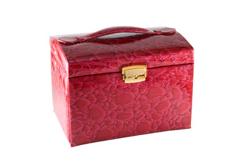 The red casket is photographed a close-up