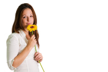 girl with yellow flower isolated on the white background