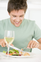 Young Man Enjoying meal,mealtime With A Glass Of Wine