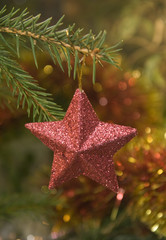 Red star Christmas decoration on the tree