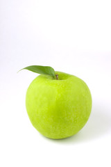 Green apple with leaf isolated on white