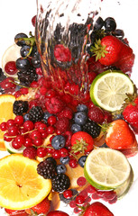 water splash and fruits