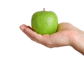 Close up of a hand holding a green apple