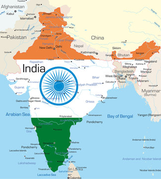 Vector map of India country colored by national flag