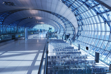 Modern airport lounge. Toned cold.